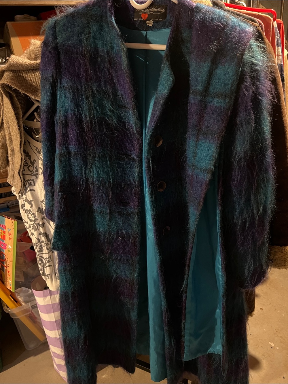 Long Mohair Plaid Coat in Teal & Purple